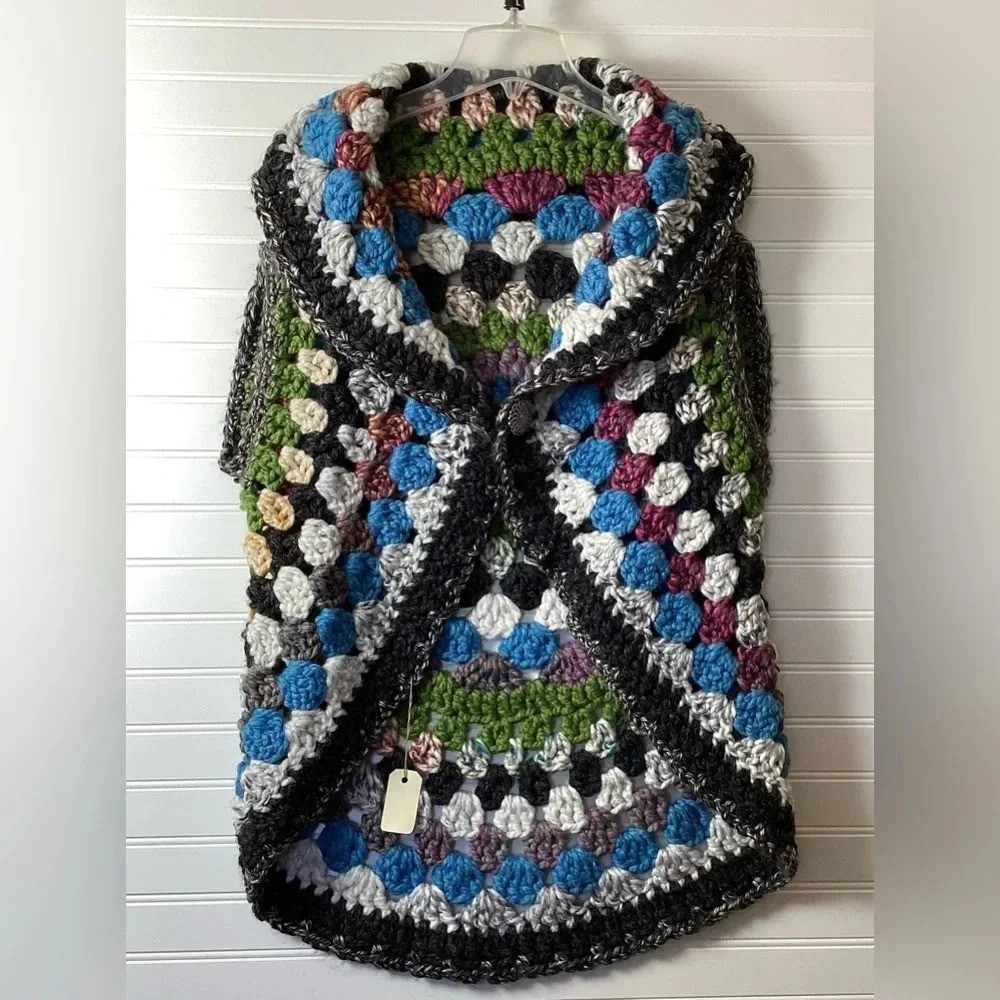 Crochet Handmade Mandala Vest Super Bulky Wool Blend winter Circular Vest  M/ L
